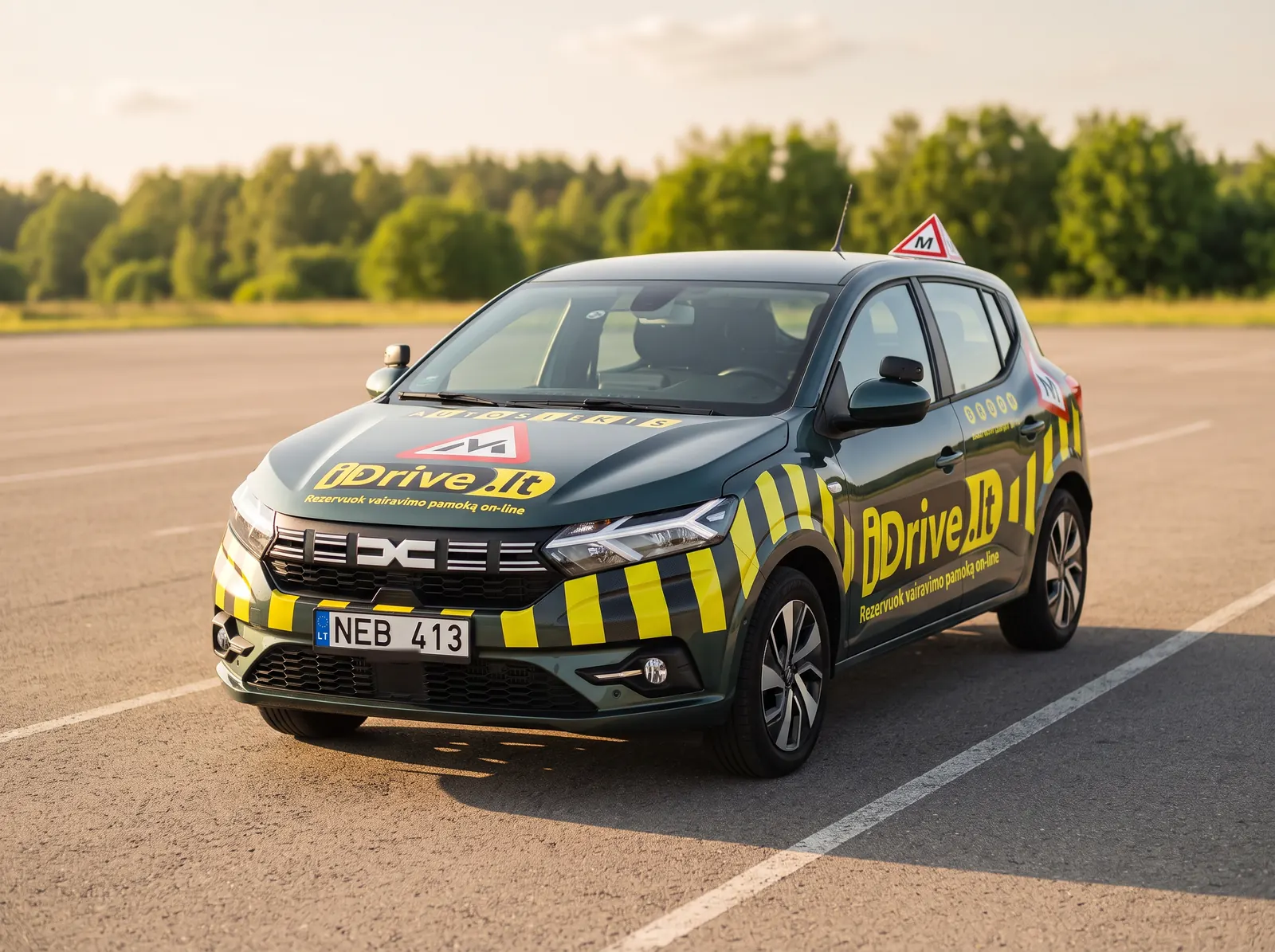 Autosiekis Dacia Sandero mokomasis automobilis su užrašu „Rezervuok vairavimo pamoką on-line“