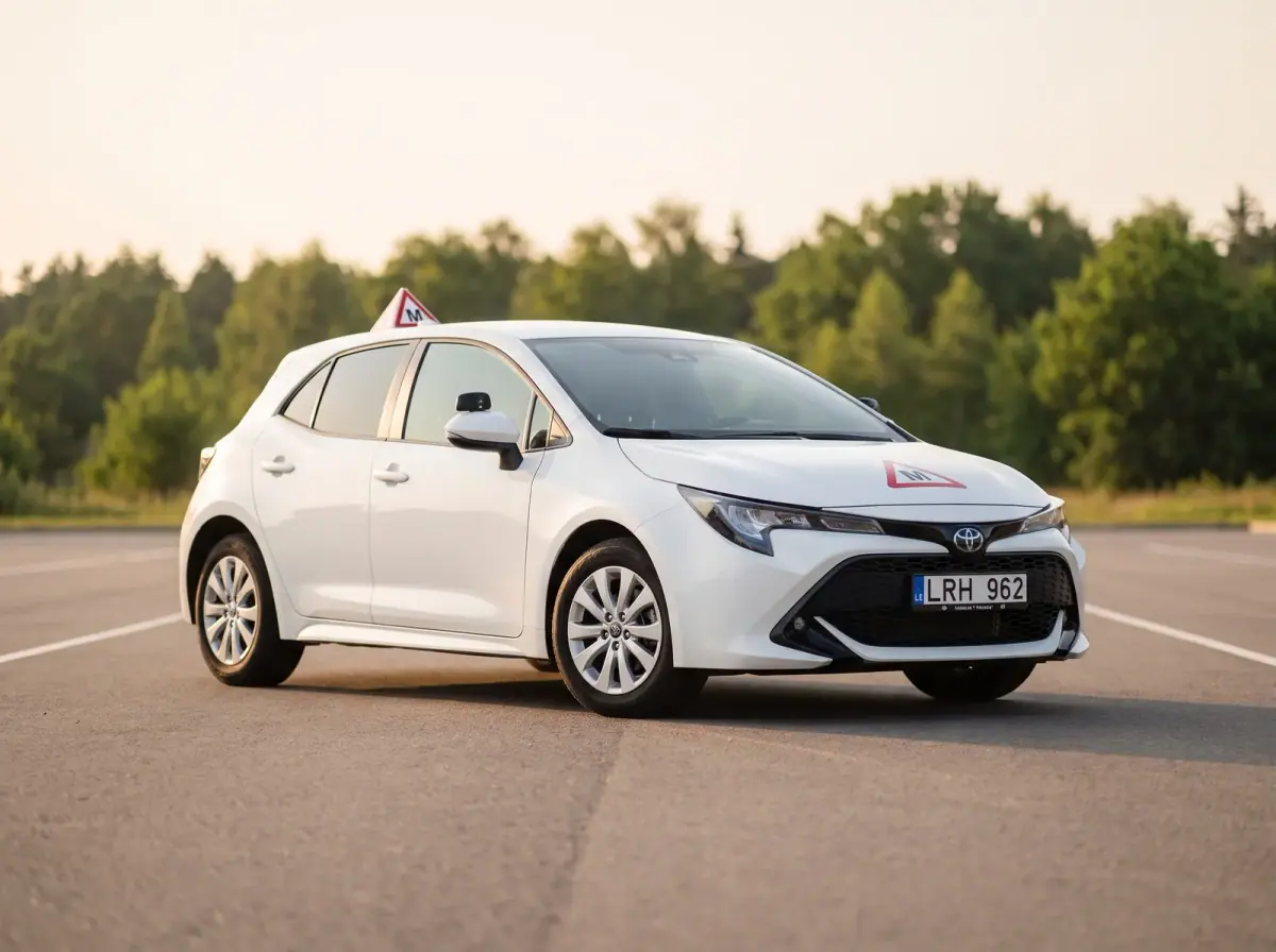 Balta Toyota Corolla Hybrid — Autosiekio mokomasis automobilis su automatine pavarų dėže